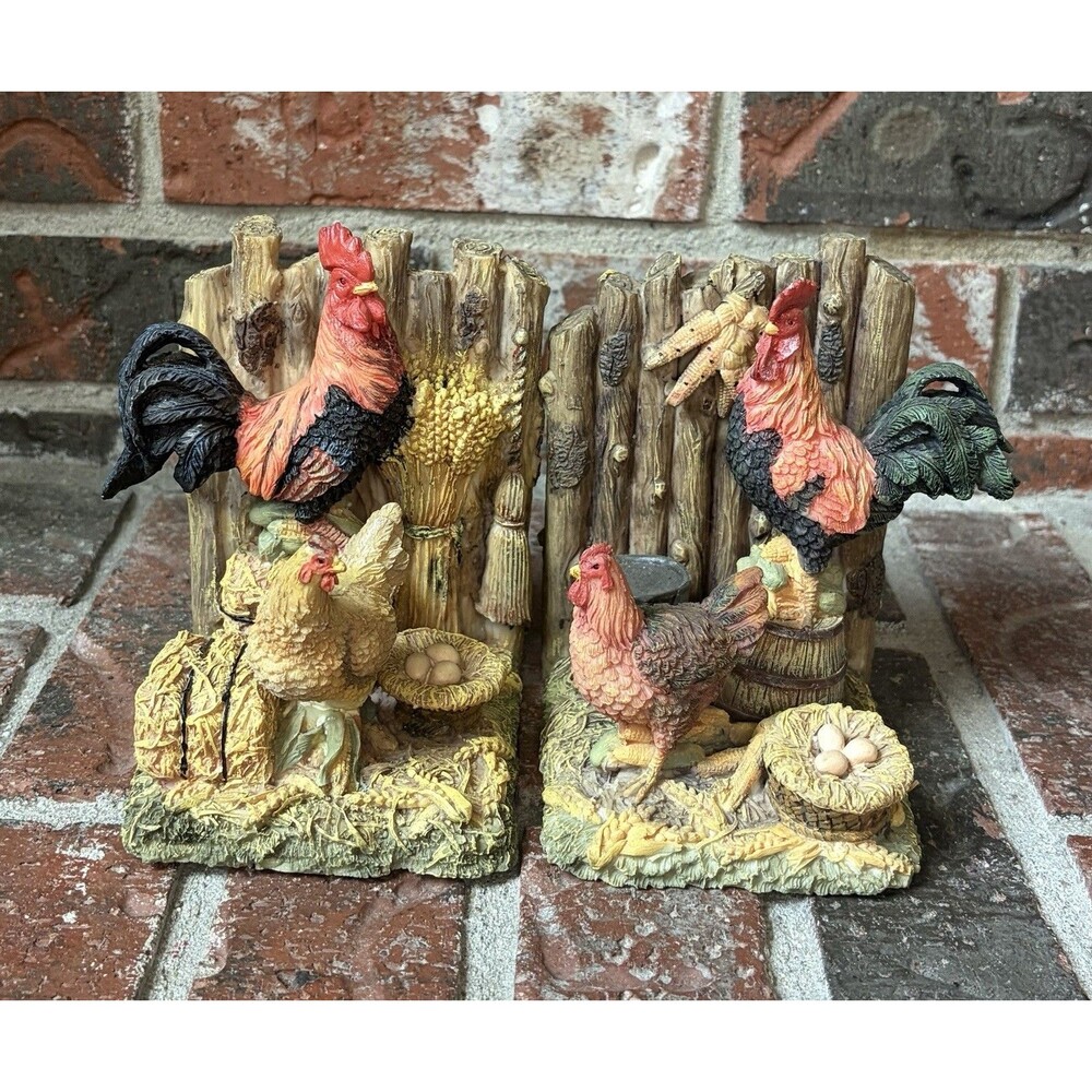 Vintage 90s Farmhouse Rooster & Hen Bookends Heavy Resin Rustic Country Decor